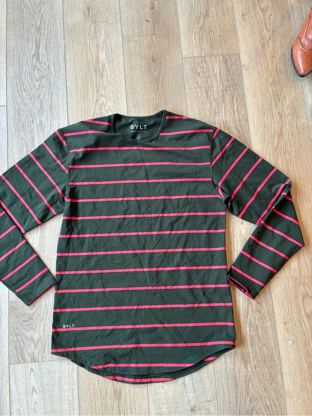 BYLT drop cut lux Long Sleeve Crewneck Shirt brown pink Stripes stretchy M